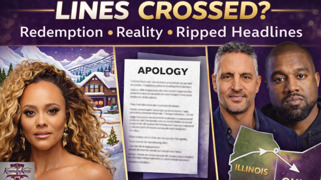 Kocktails with Kenzie episode thumbnail featuring Ashley Darby, Mauricio Umansky, and Kanye West with the headline “Lines Crossed? Redemption, Reality, Ripped Headlines.
